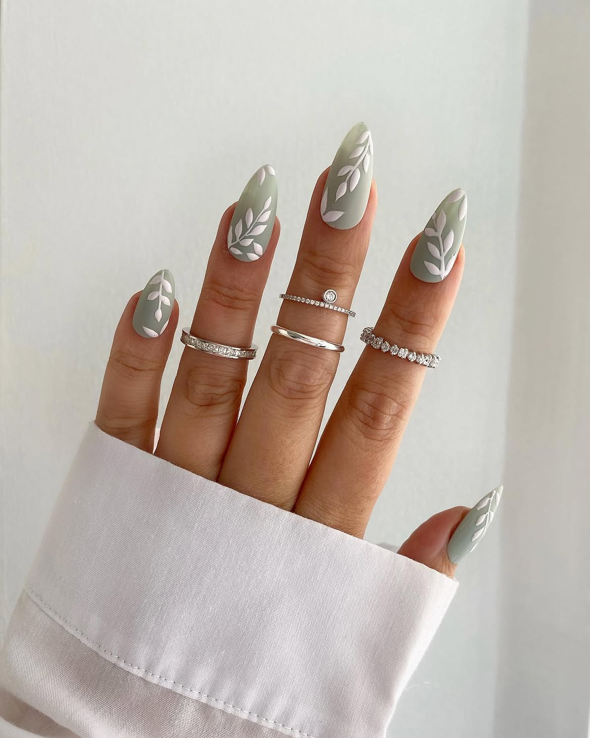 Sage Green Matte With White Leaf Accents