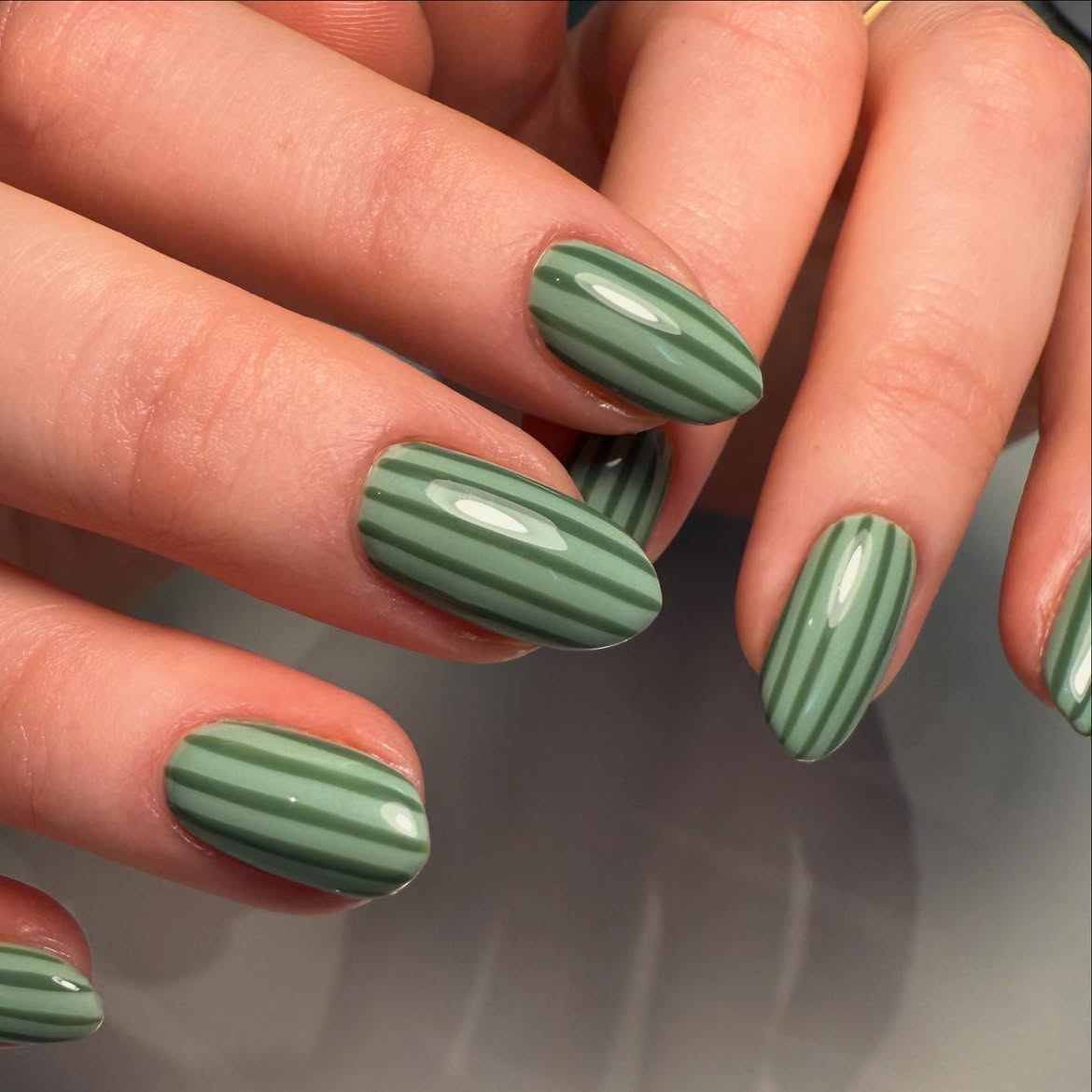 Sage Green Striped Oval Nails