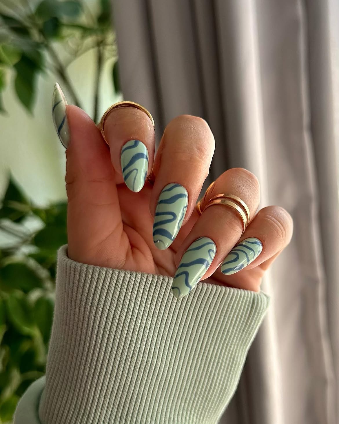 Sage Green Swirl Long Almond Nails