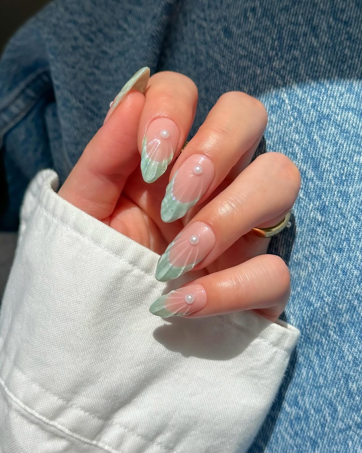 Seafoam Green Shell French Tip Nails with Pearls