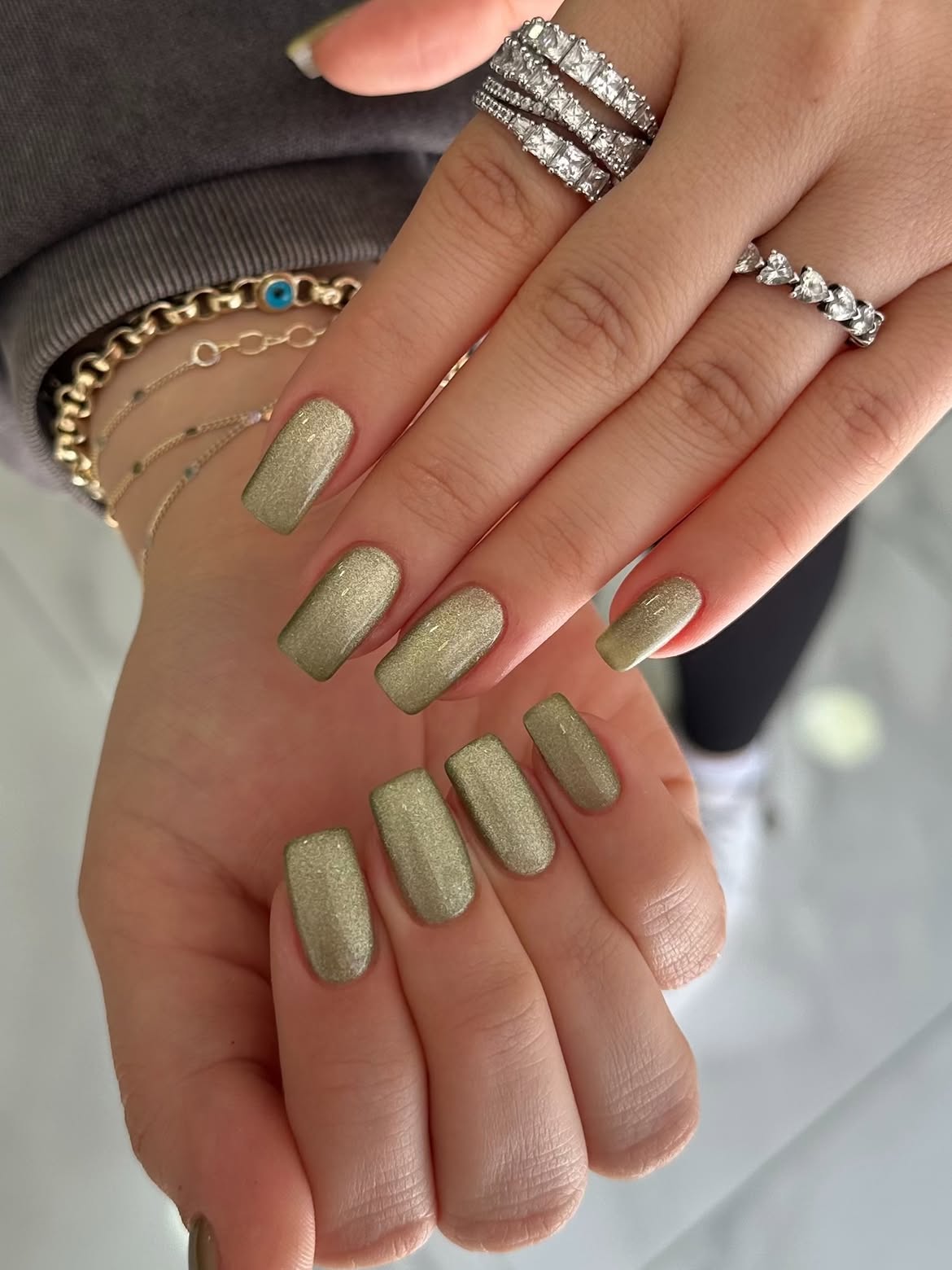 Shimmering Olive Cat Eye Medium Square Nails