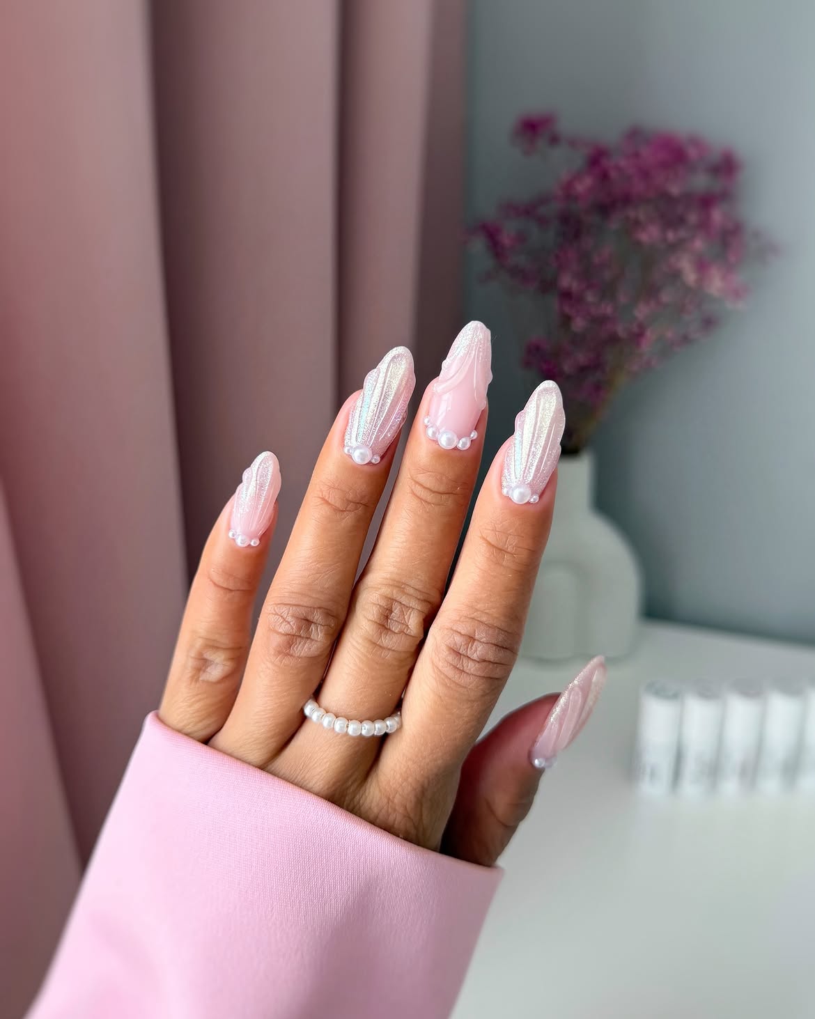 Shimmering Pearl Ombre Almond Nails