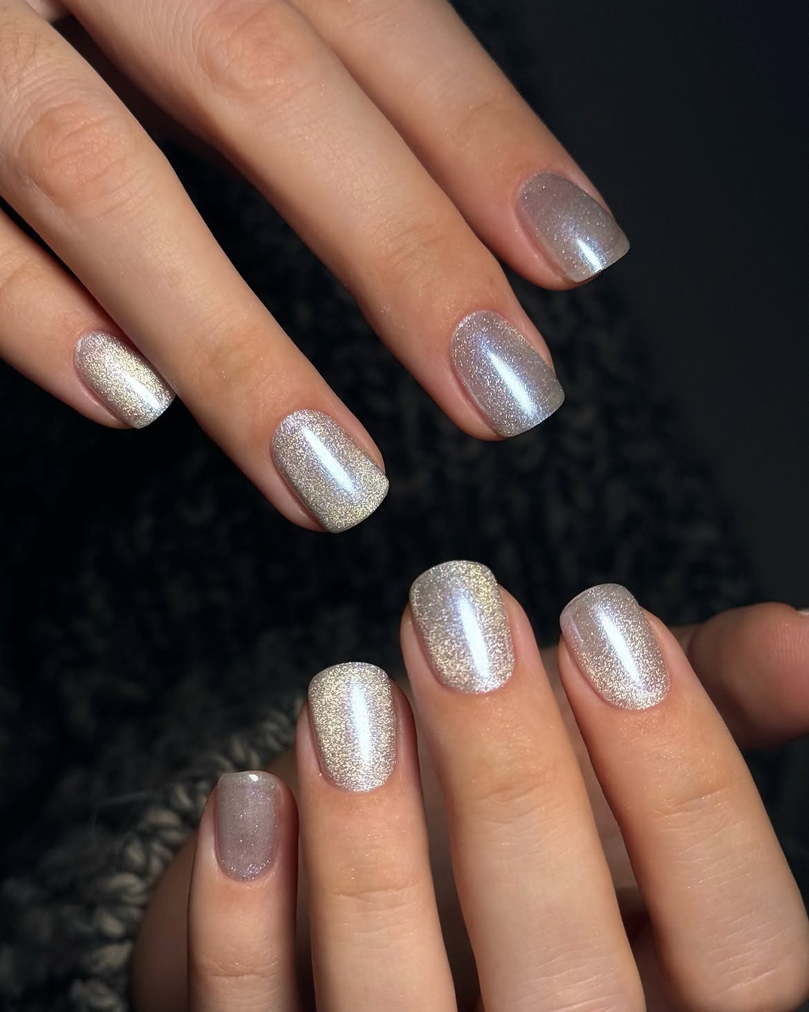 Shimmering Silver Cat Eye Square Nails