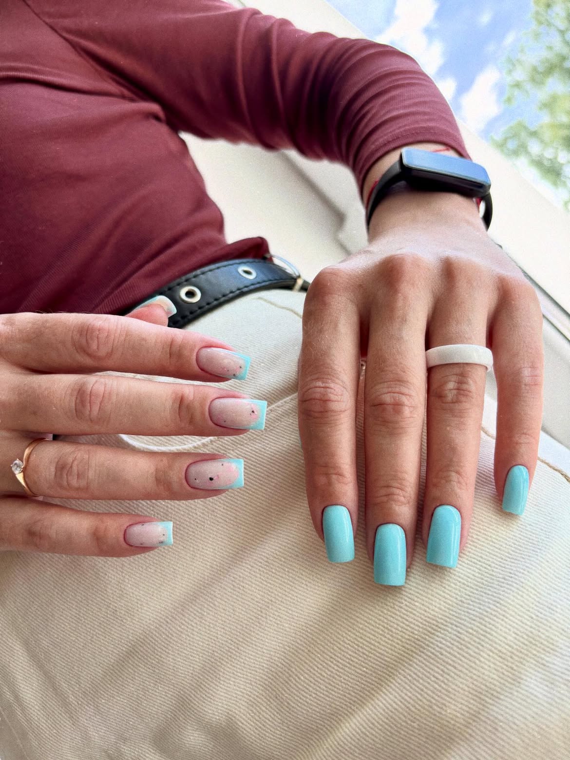 Sky Blue French Tips With Scattered Dots