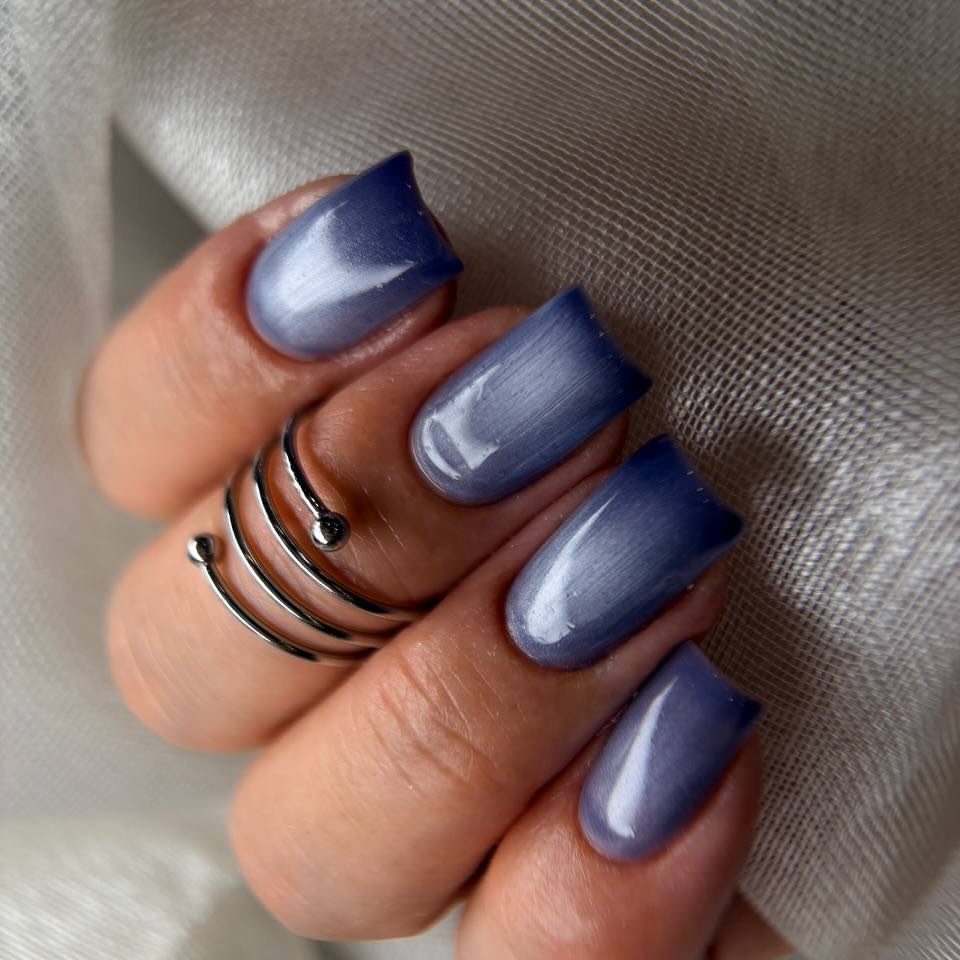 Smoky Blue Cat Eye Square Nails