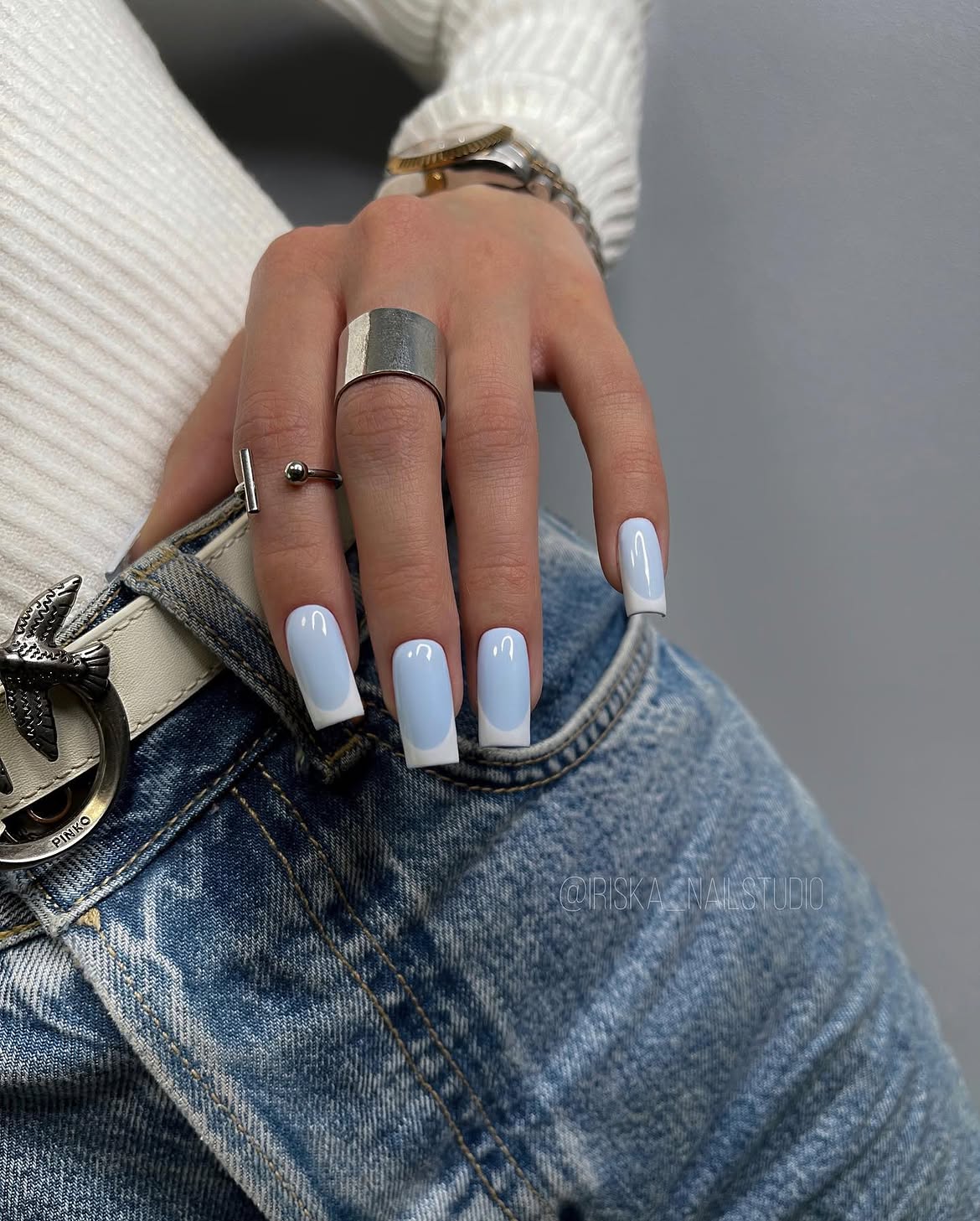 Soft Baby Blue French Tip Square Nails