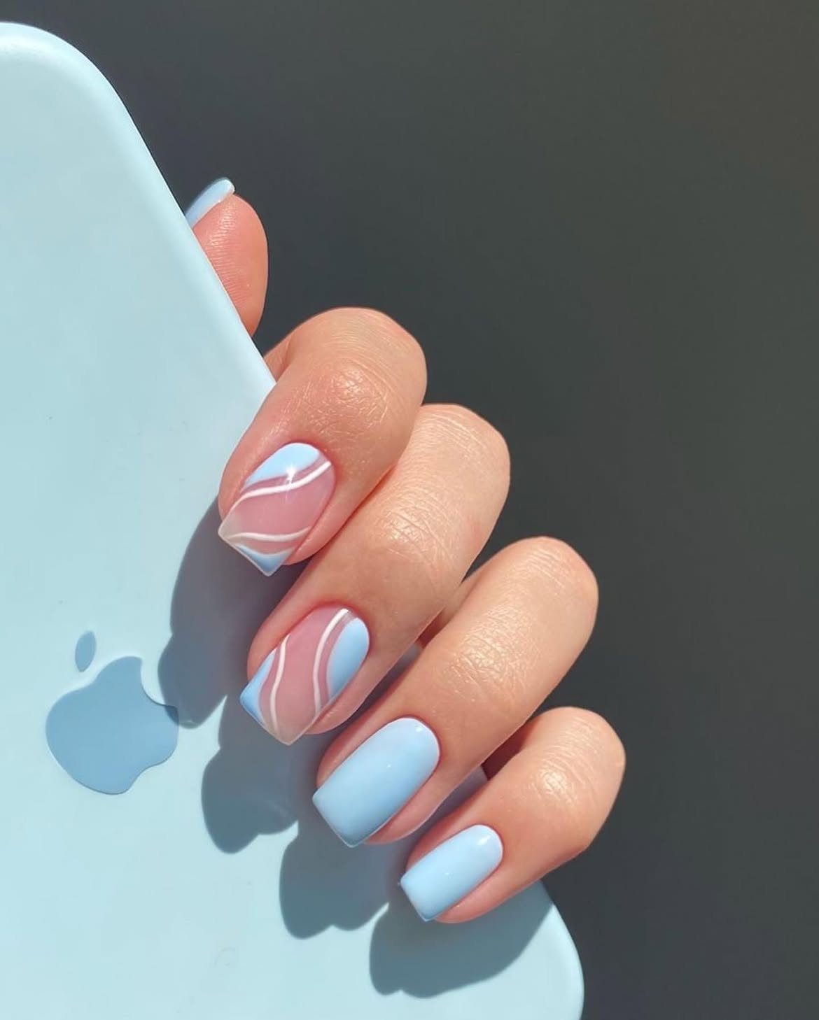 Soft Baby Blue Swirl French Tips