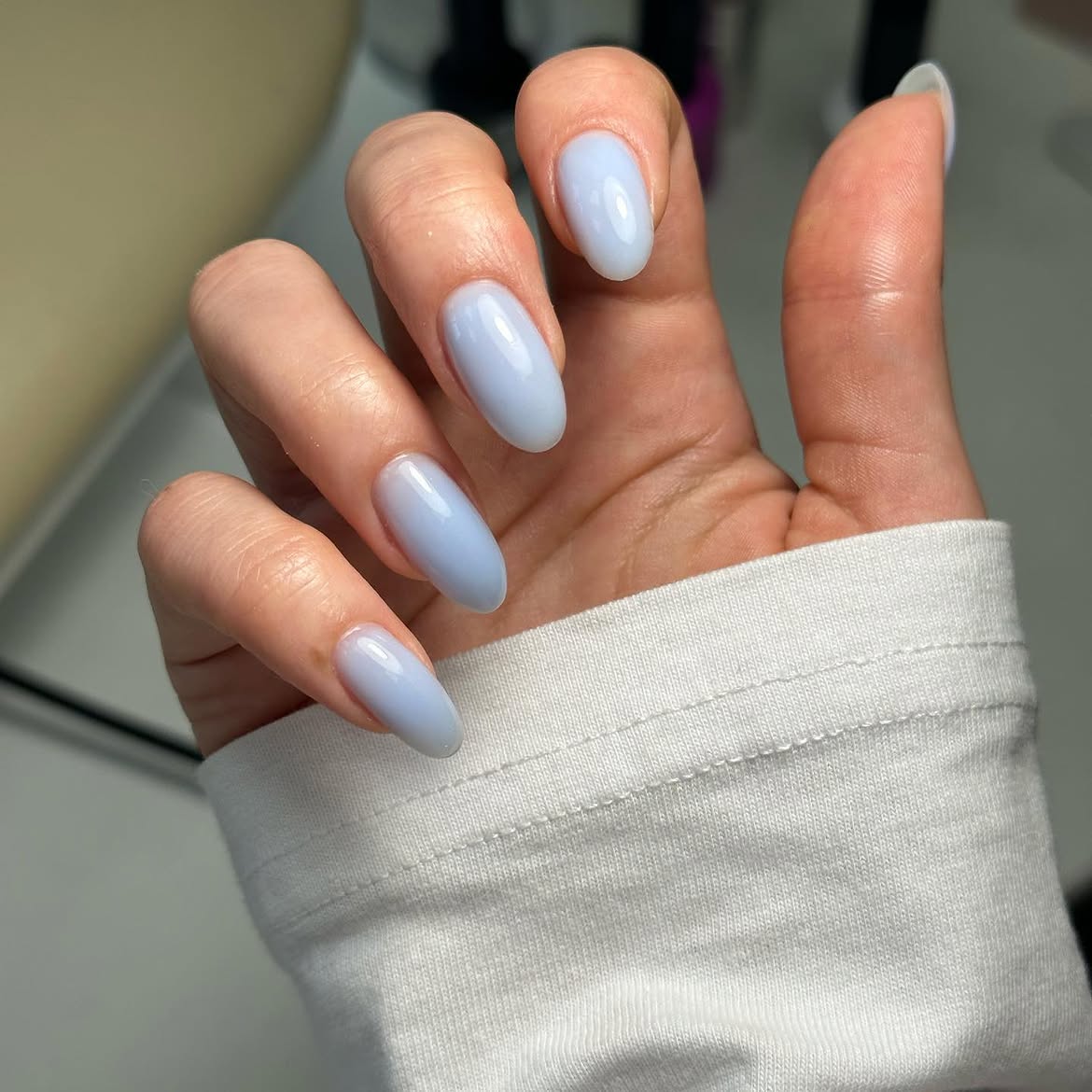Soft Milky Baby Blue Oval Nails
