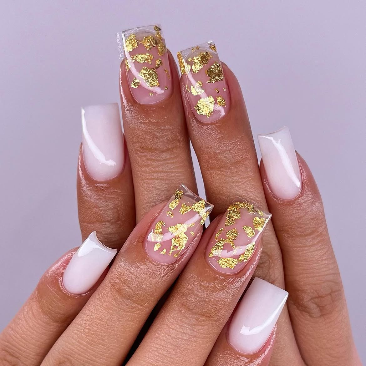Soft Milky Ombre Square Nails with Gold Flakes