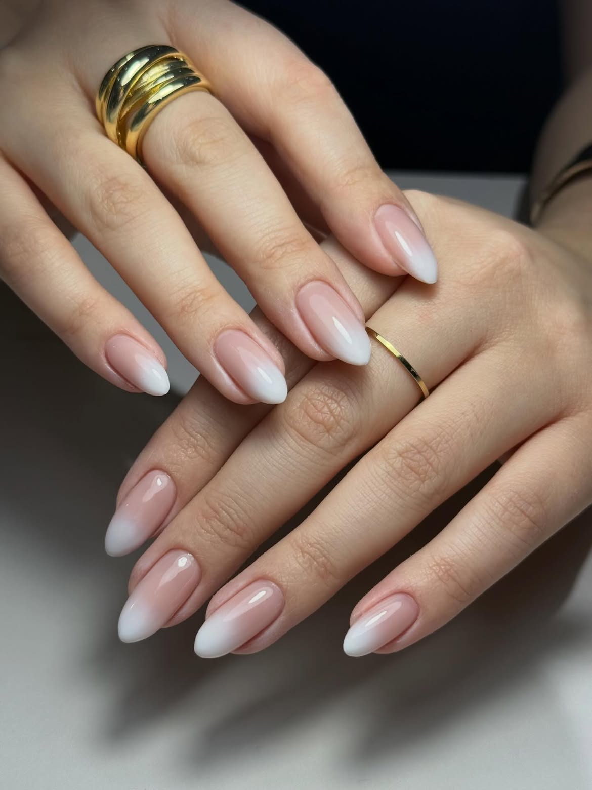 Soft Milky Pink and White Ombre Almond Nails