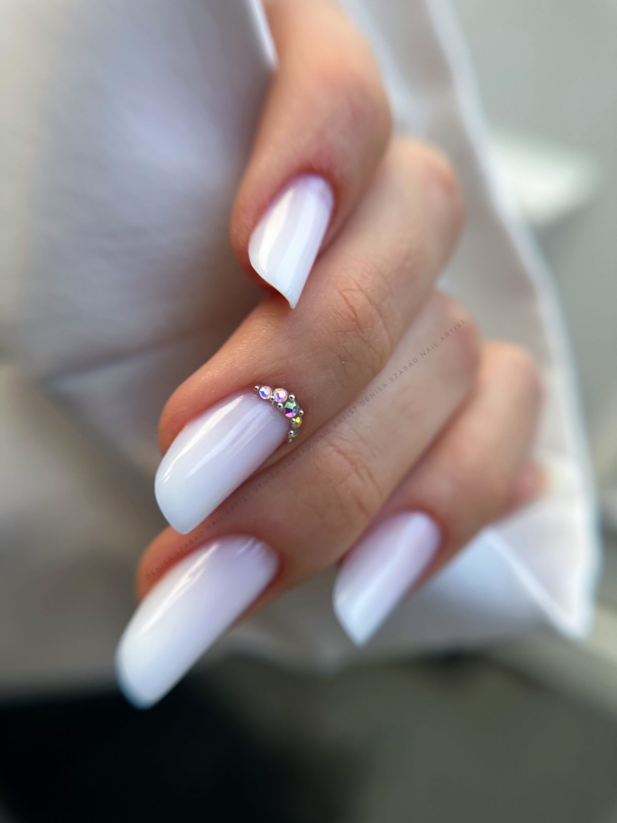 Soft Milky White Ombre Arch Gem Accent Nails