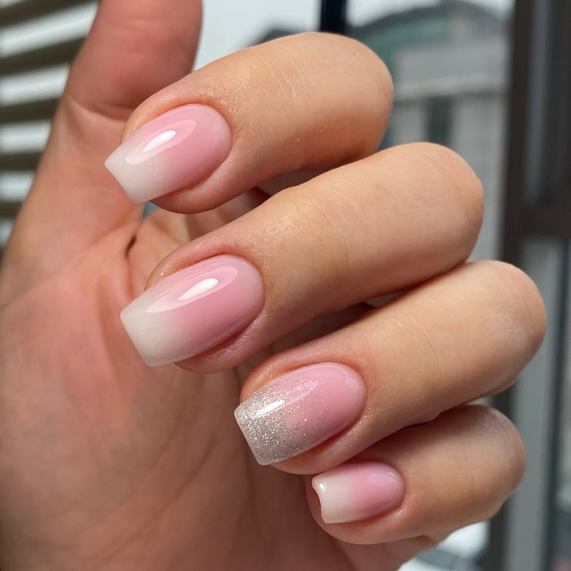 Soft Pink and White Ombre French with Glitter Accent