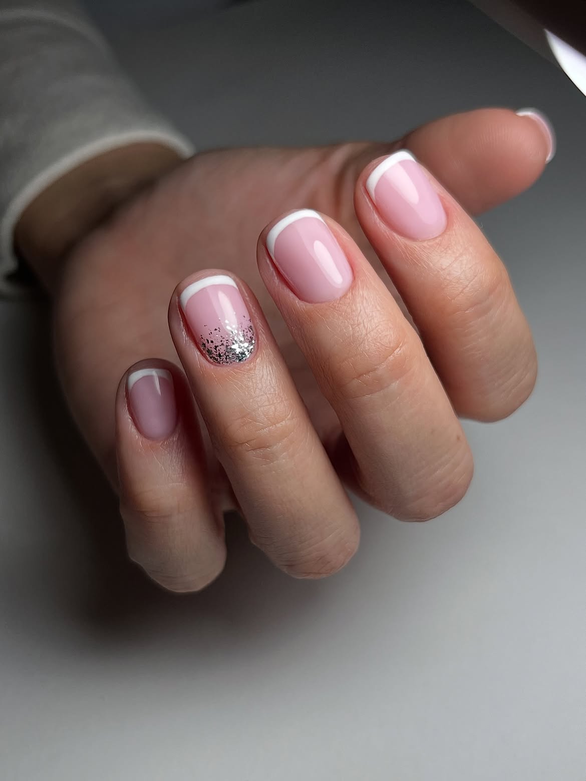 Soft Pink French Tips With Silver Glitter Accent