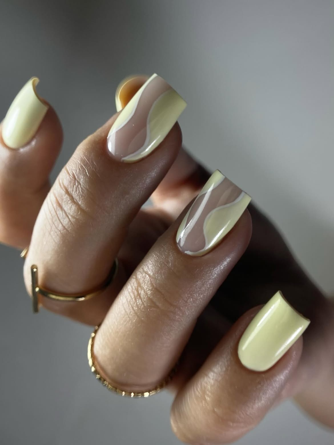 Soft Yellow & Taupe Wavy French Tips
