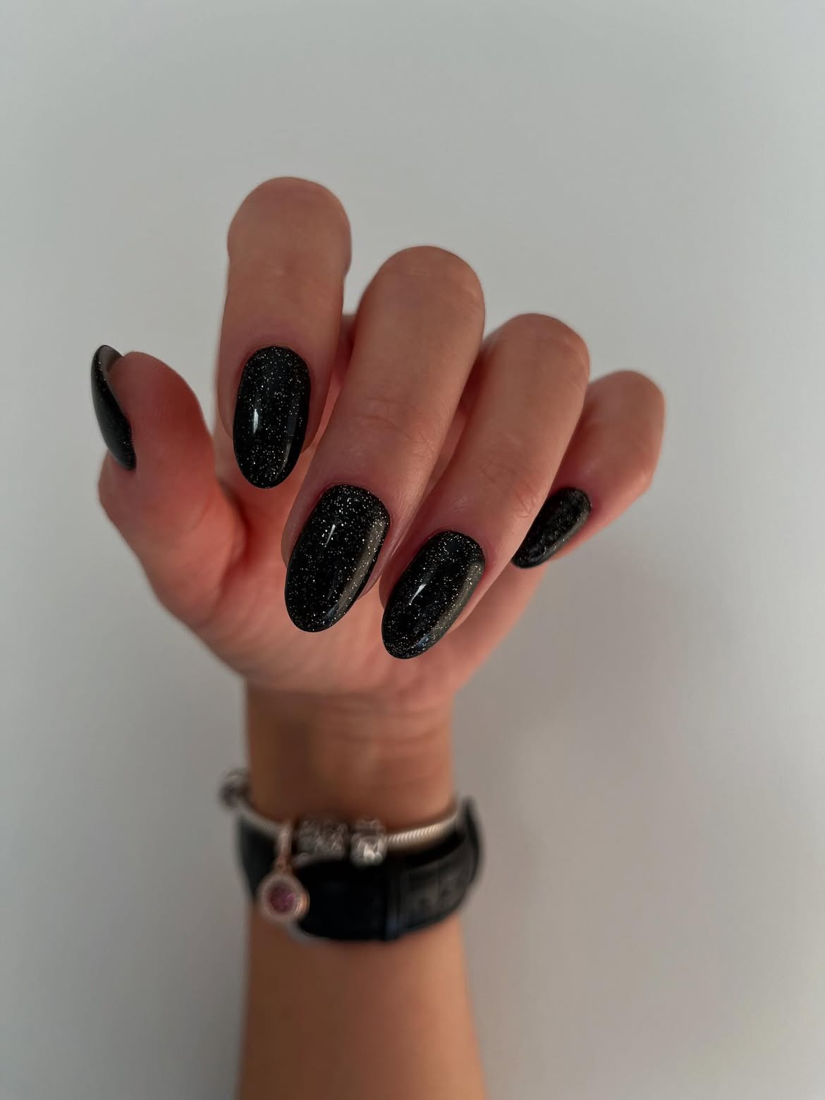 Sparkling Black Glitter Oval Acrylic Nails