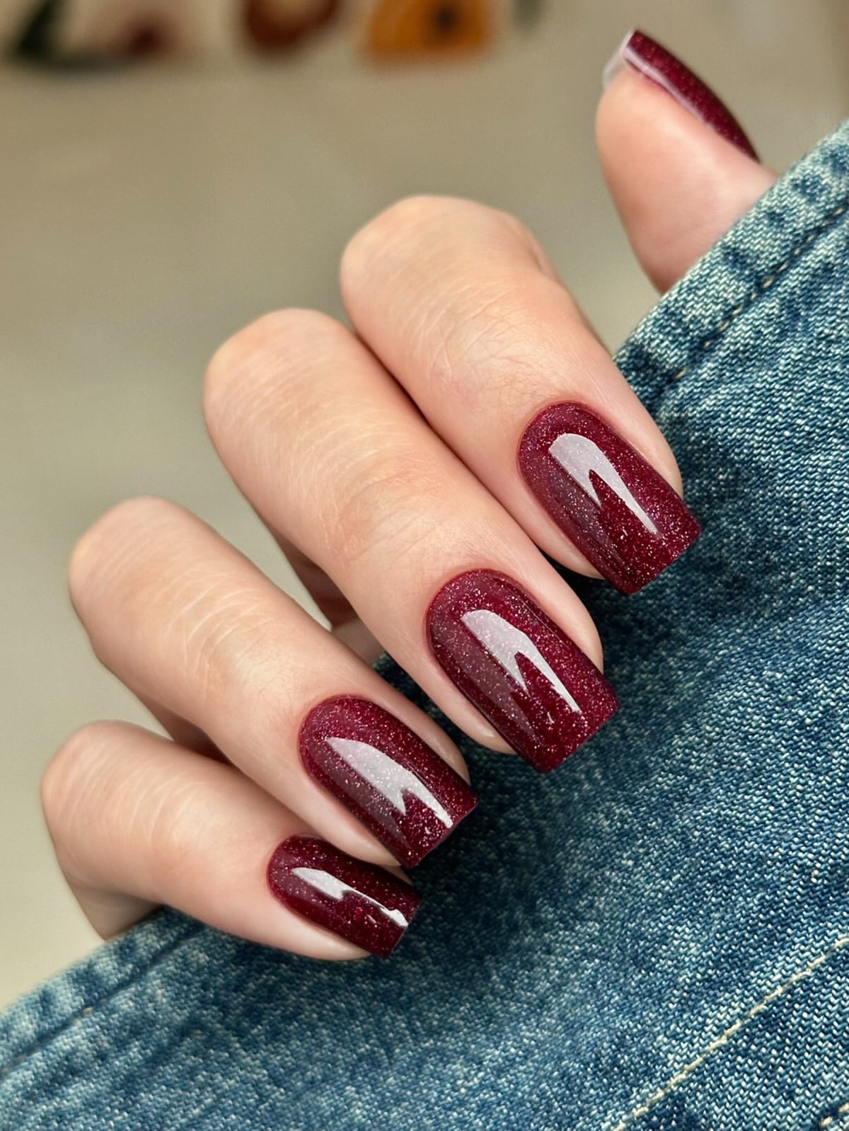 Sparkling Deep Cherry Red Square Nails