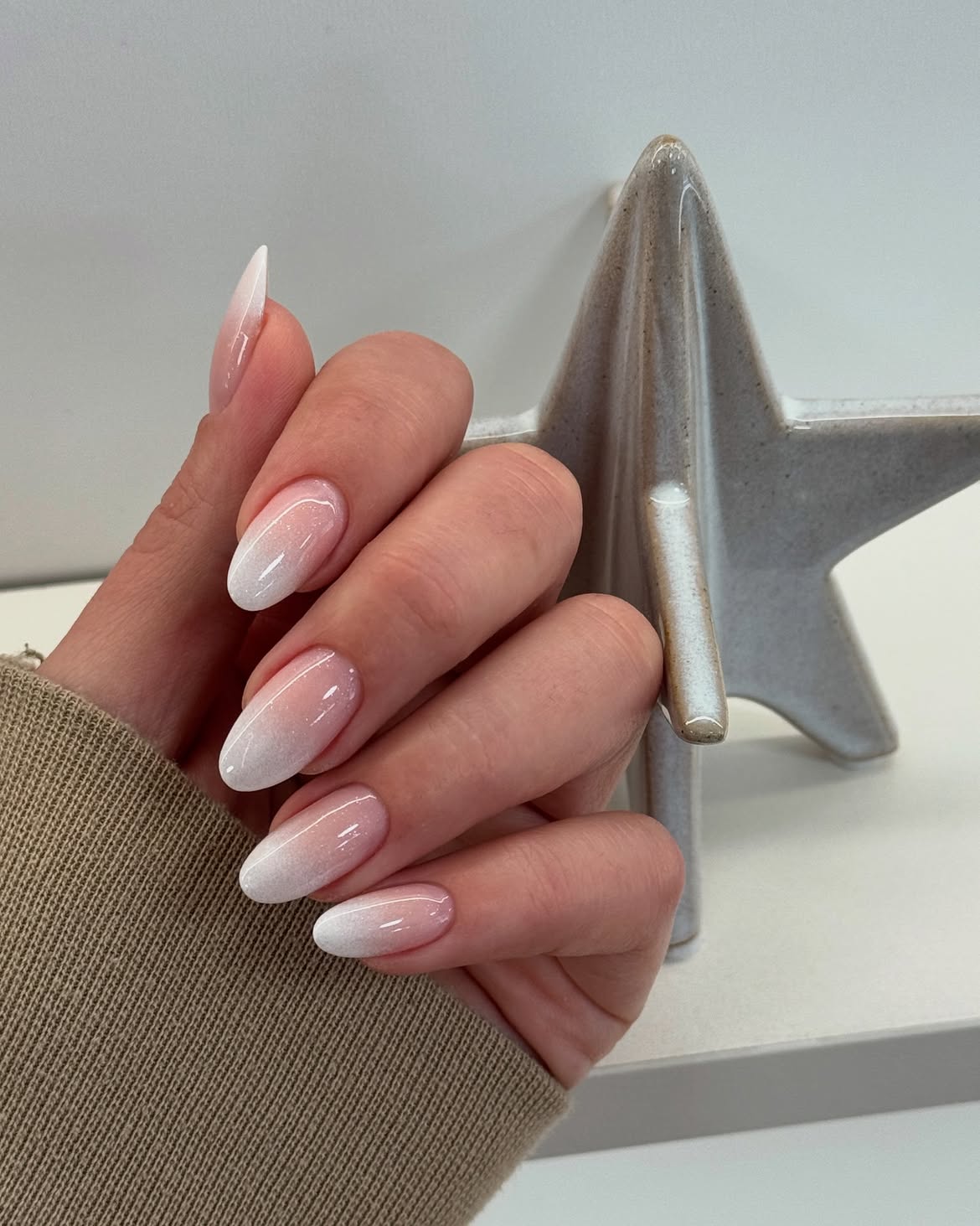 Sparkling Pink and White Ombre Almond Nails