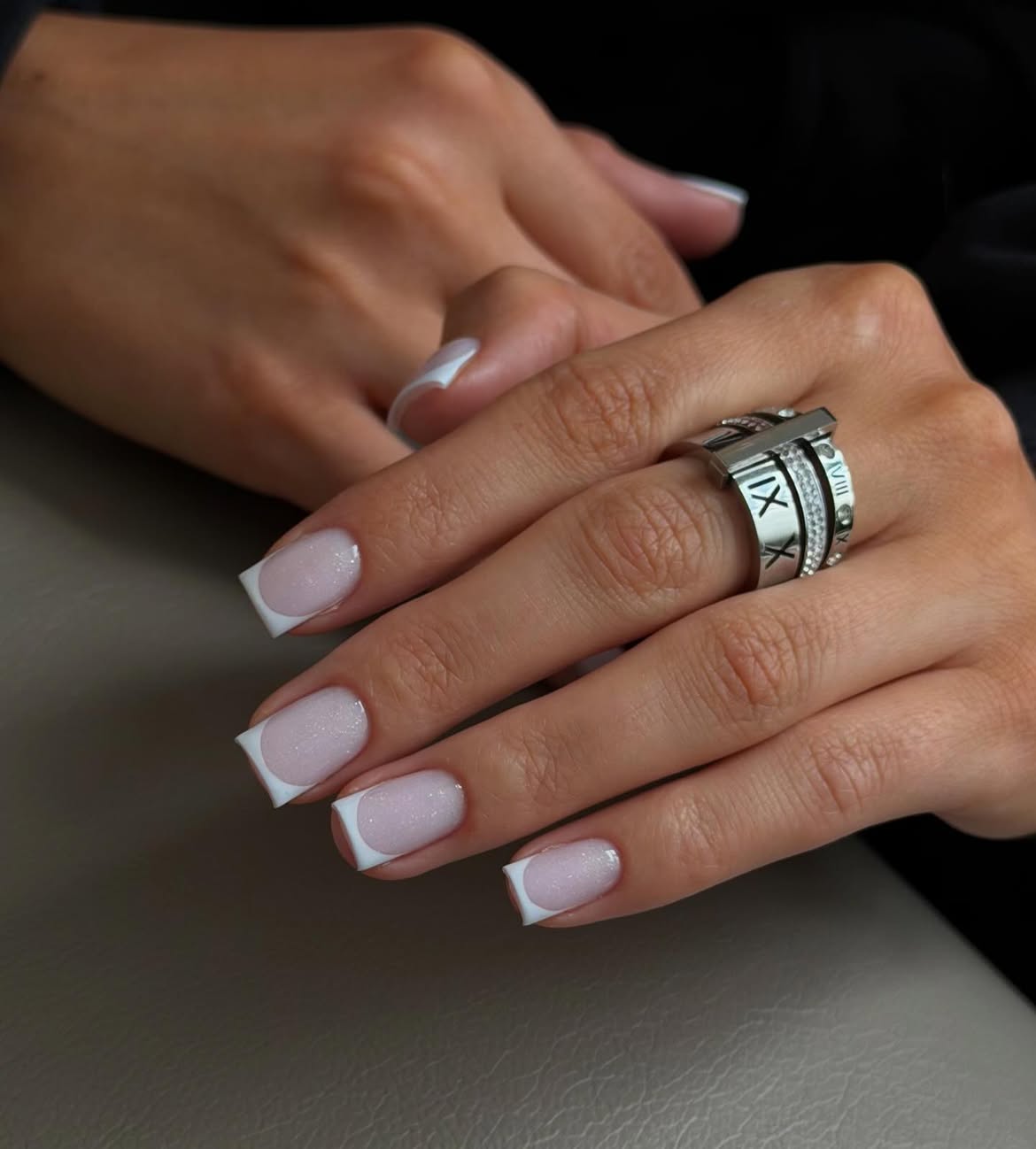 Sparkly Baby Pink French Tips Square Nails