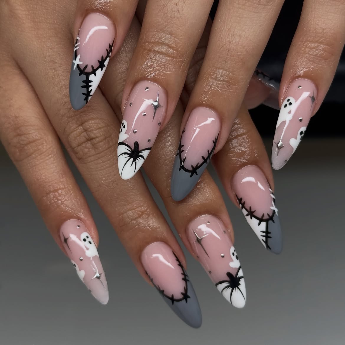 Spooky Ghost And Spider French Tip Almond Nails