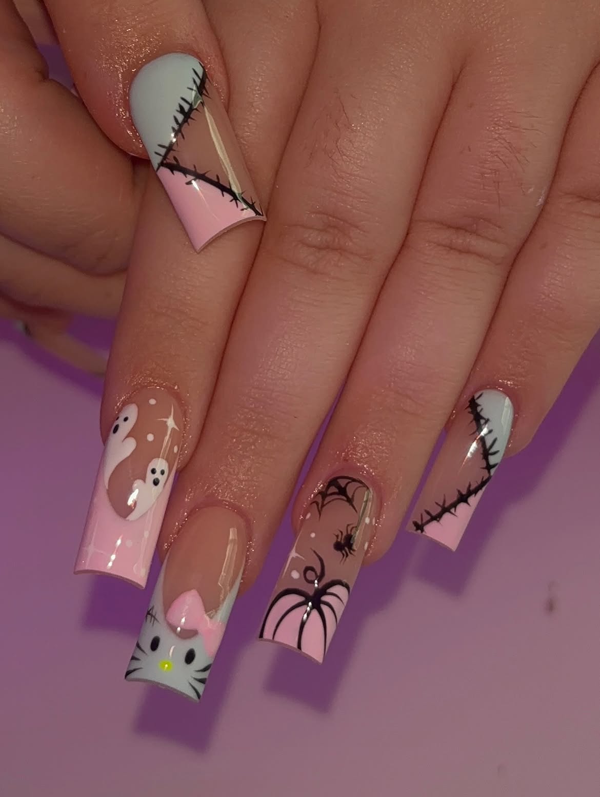 Spooky Pastel Hello Kitty Halloween French Tips