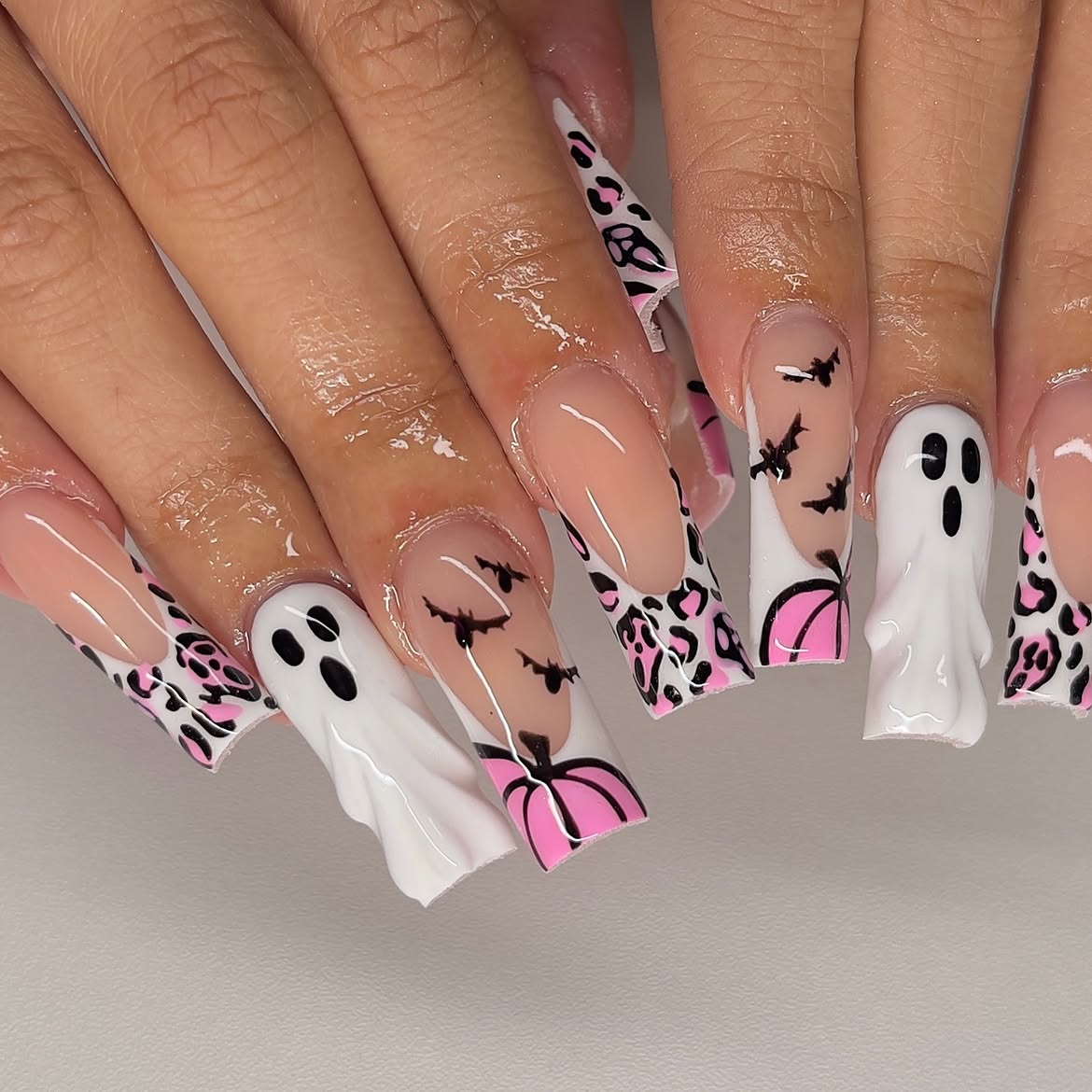 Spooky Pink Leopard French Tip Coffin Nails