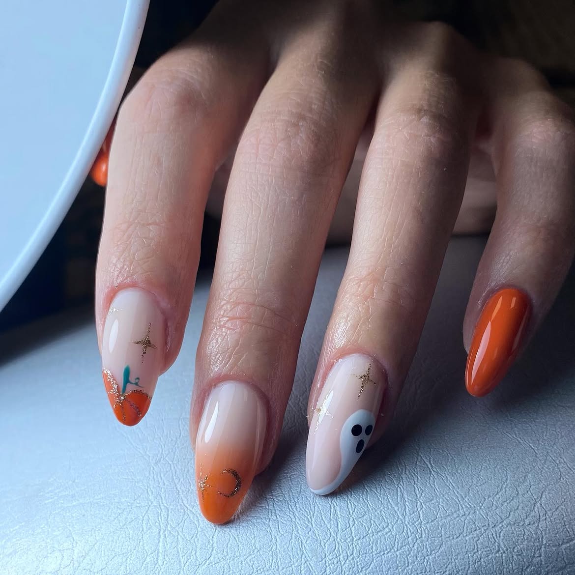 Spooky Pumpkin Orange Ghost French Ombre Nails