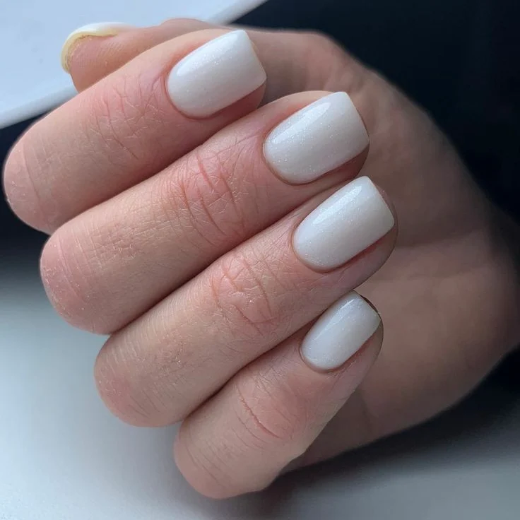 Subtle Shimmer Milky White Squoval Nails