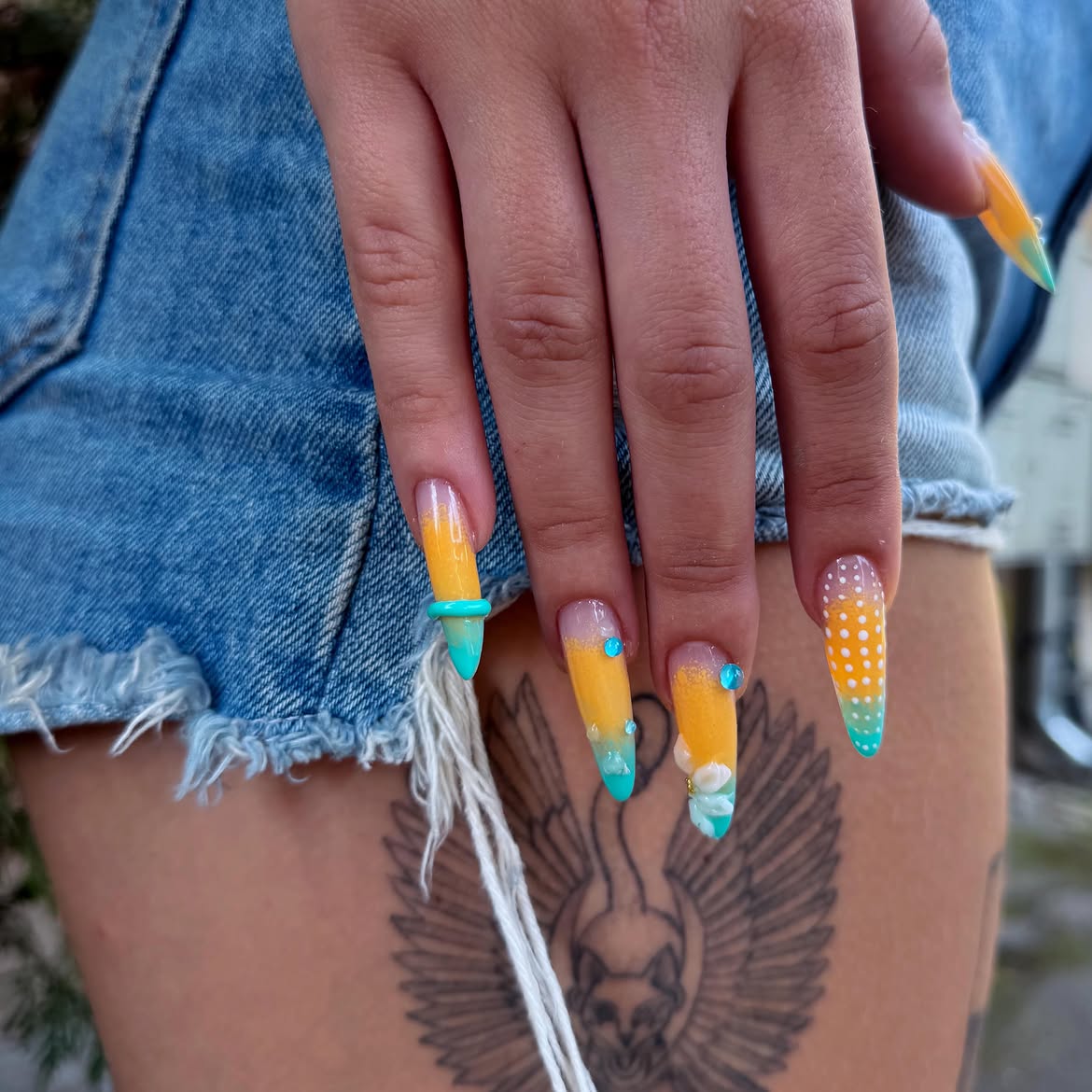 Sunshine Ombre French Tips With Rhinestones