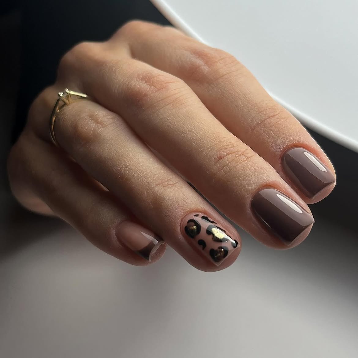 Taupe Ombre Cheetah French Tips With Gold Foil