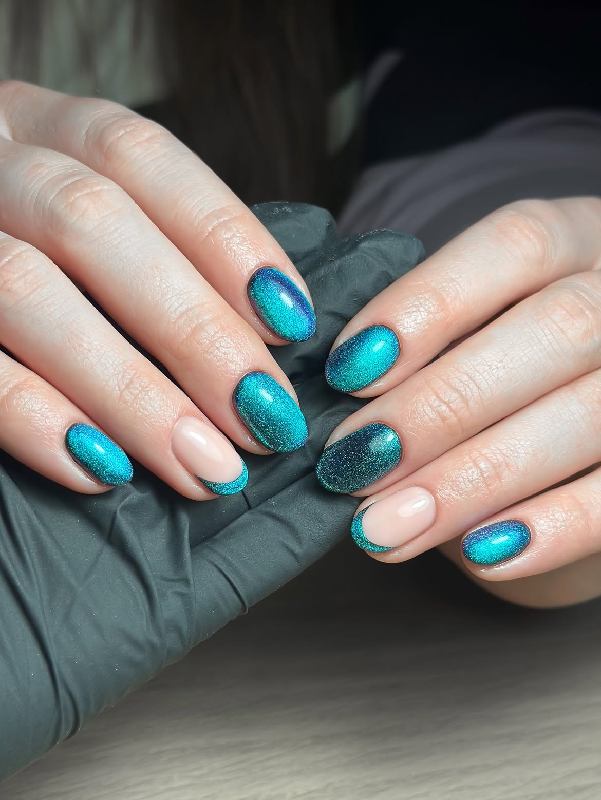 Teal and Navy Cat Eye French Tips