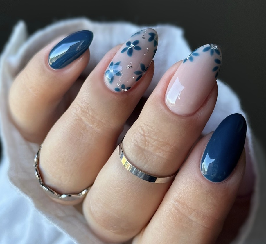 Teal Floral French with Silver Glitter Accent