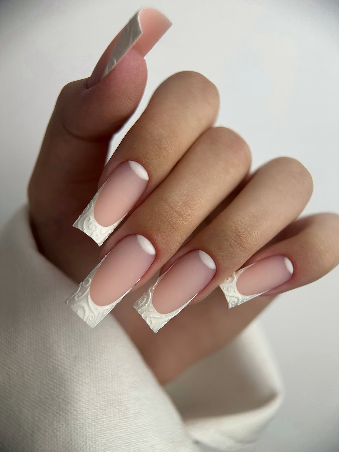Textured French Tip Bridal Long Coffin Nails