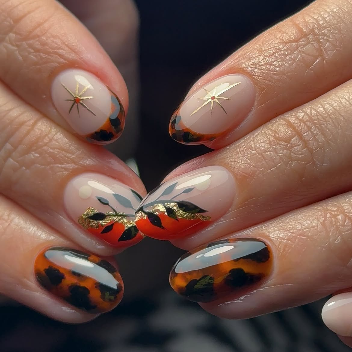 Tortoiseshell French Tips with Floral Accents
