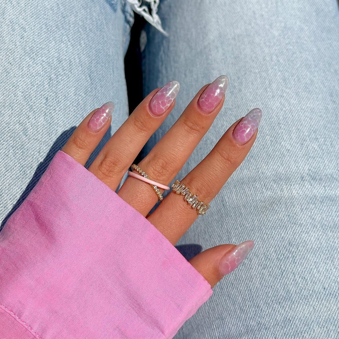 Translucent Pink Marble Almond Nails
