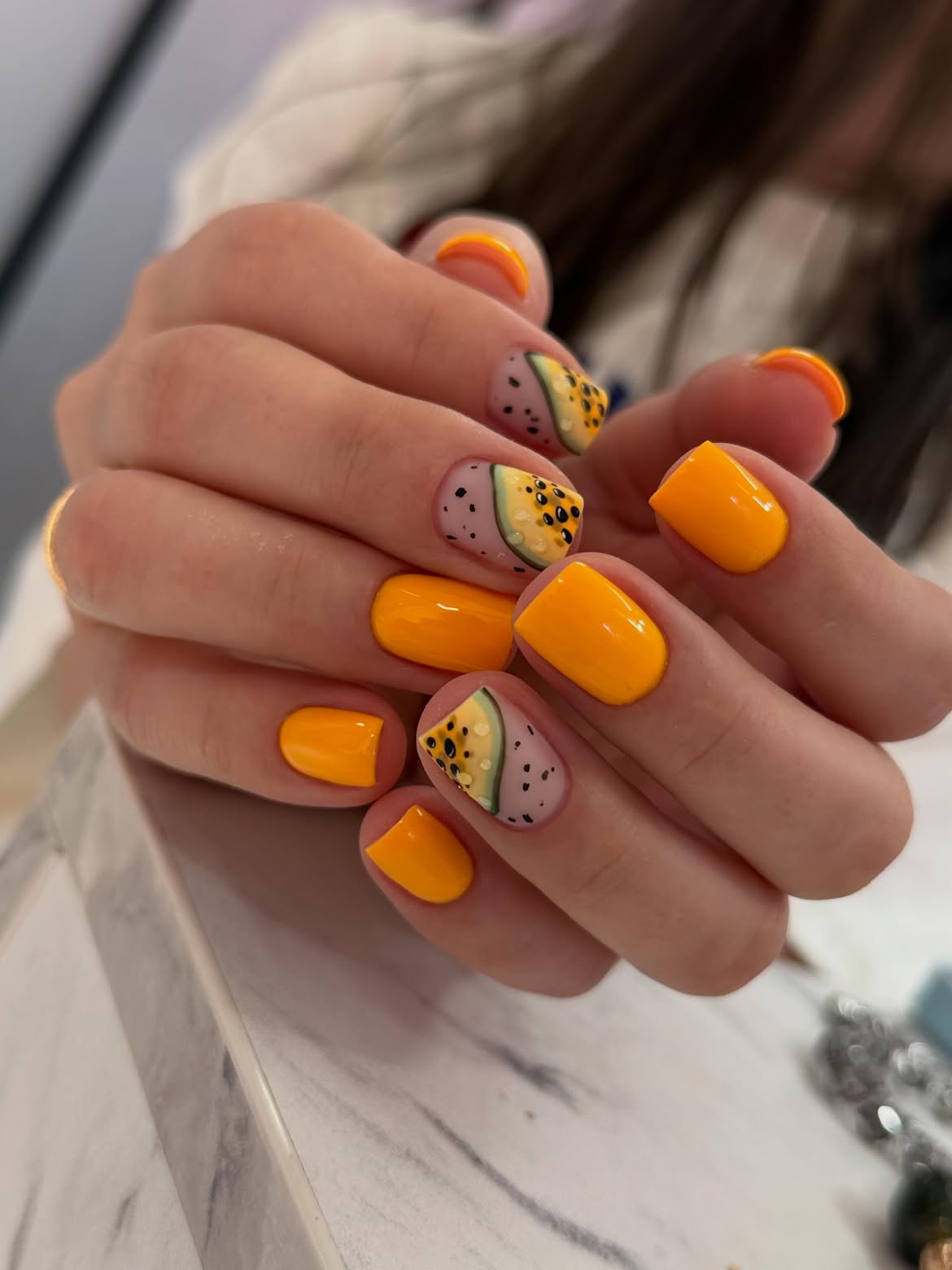Tropical Fruit Slice French Tips with Orange