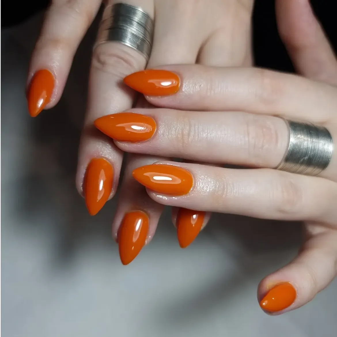 Vibrant Glossy Pumpkin Spice Almond Nails