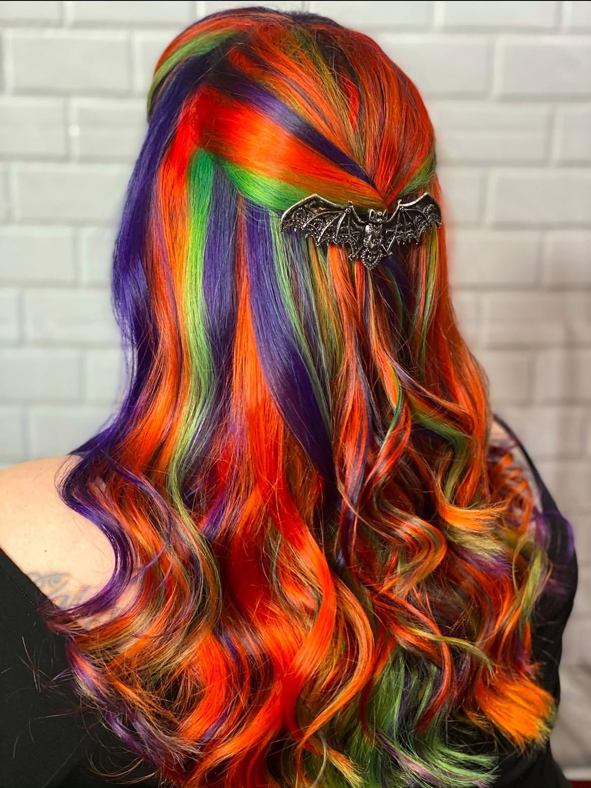 Vibrant Halloween Striped Hair With Bat Clip