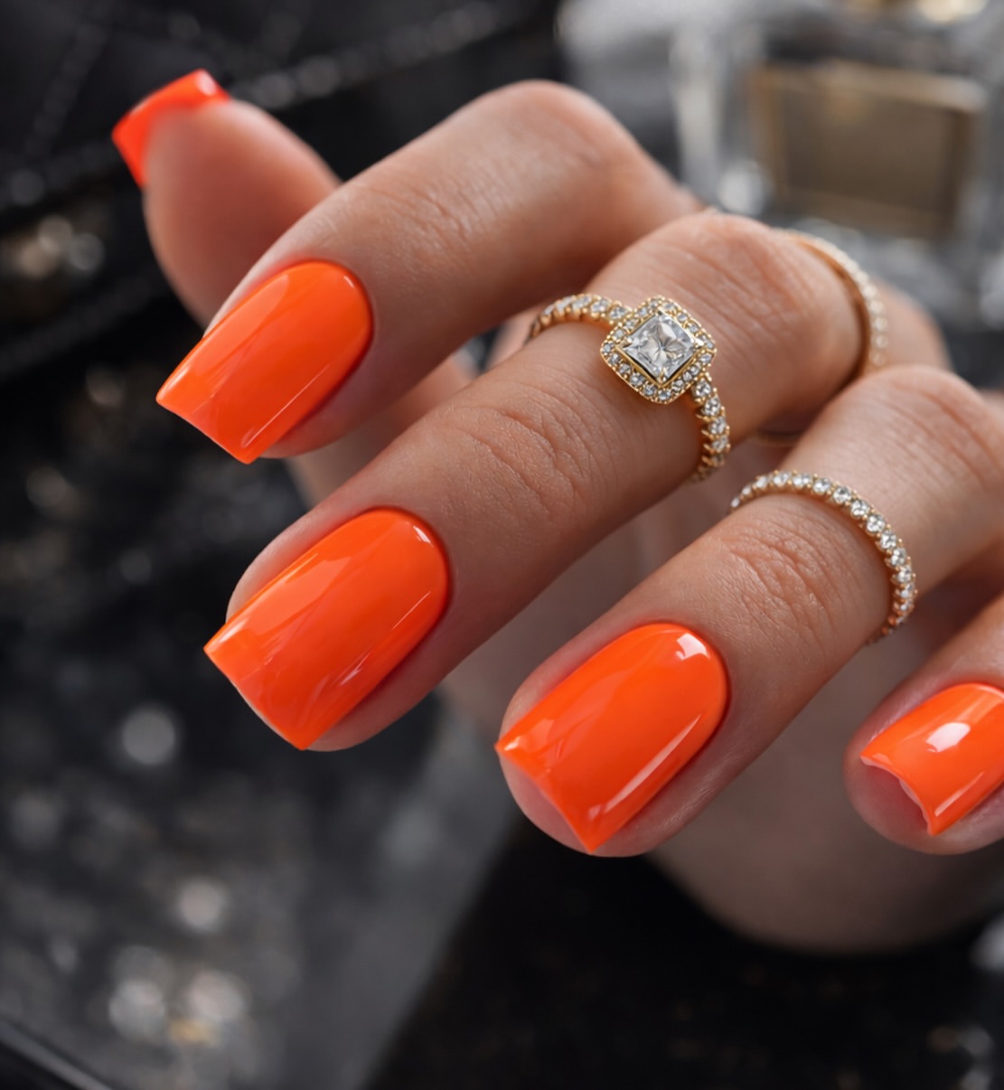 Vibrant Neon Orange Glossy Square Nails