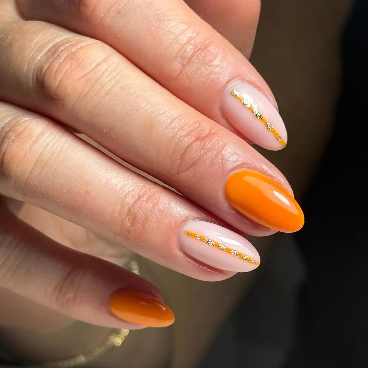 Vibrant Orange Almond With Gold Glitter Stripe