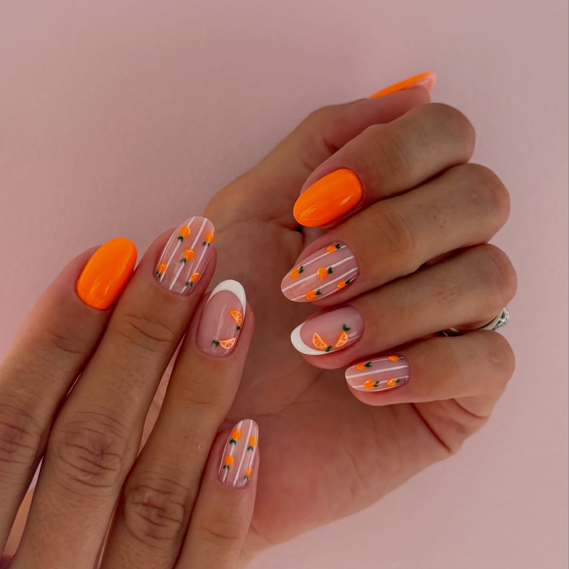 Vibrant Orange Citrus French Tip Almond Nails