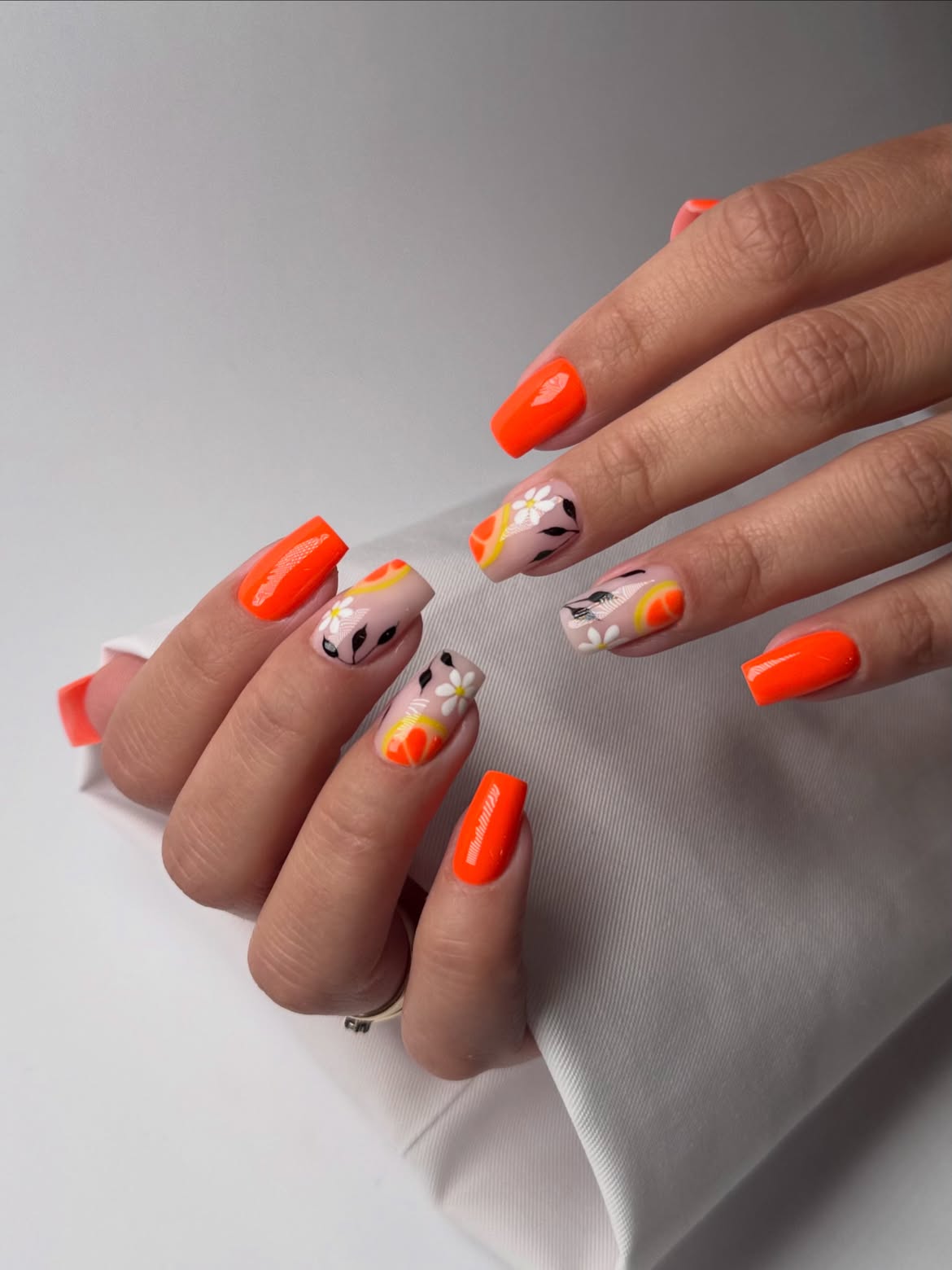 Vibrant Orange Floral Matte Coffin Nails
