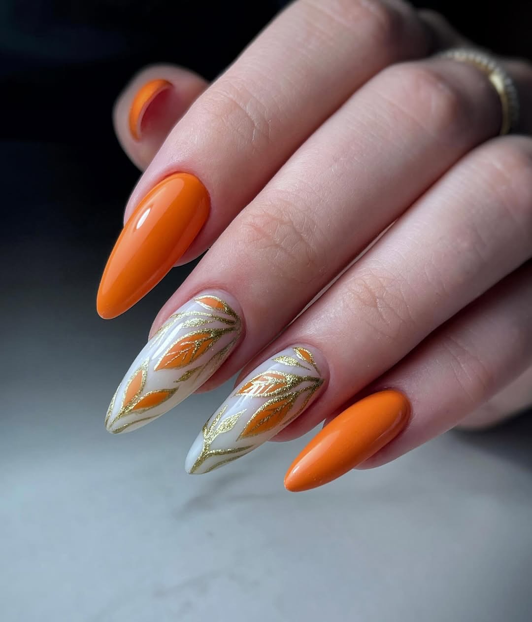 Vibrant Orange Leaf Fall Almond Nails