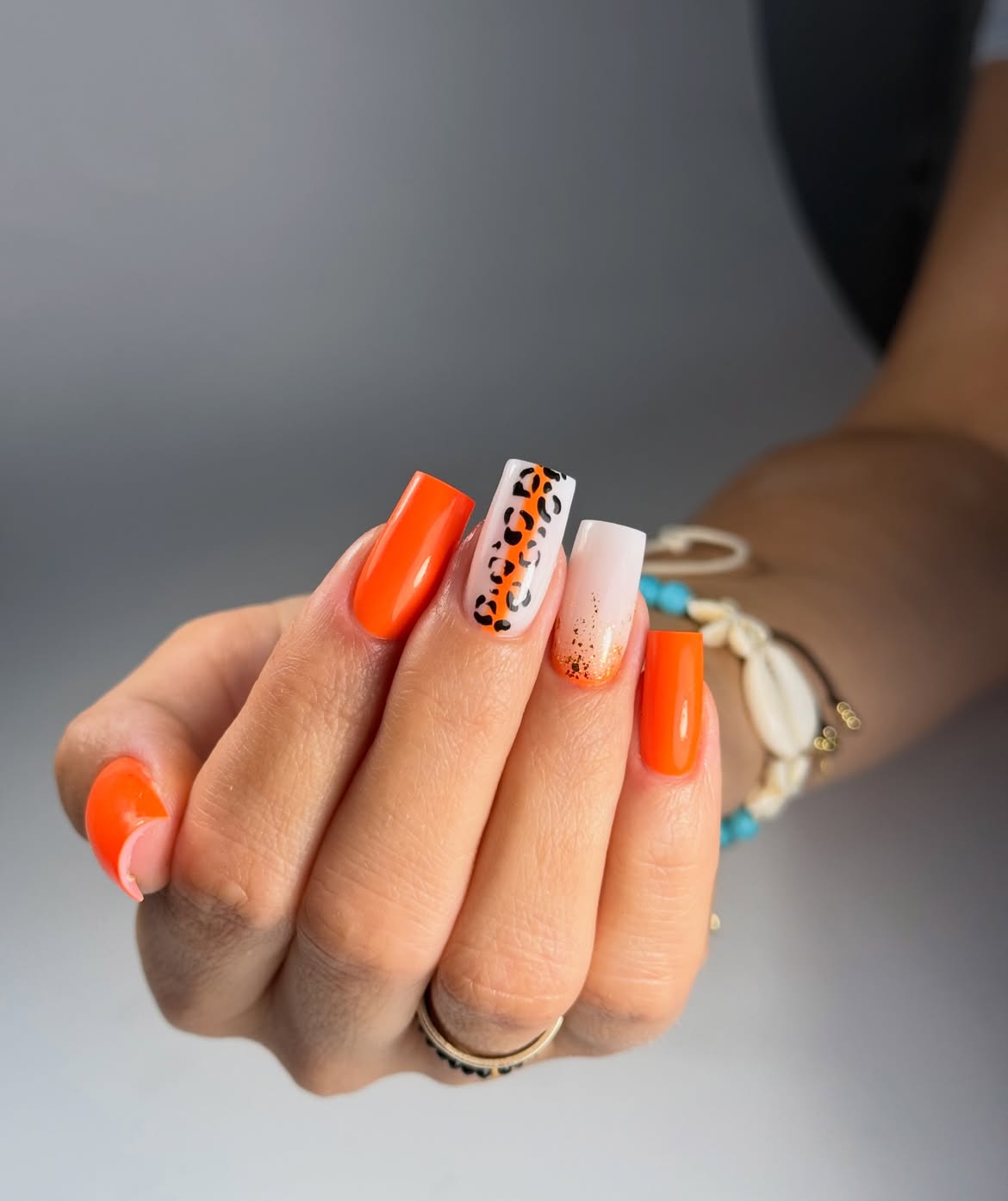 Vibrant Orange Leopard Print Square Nails