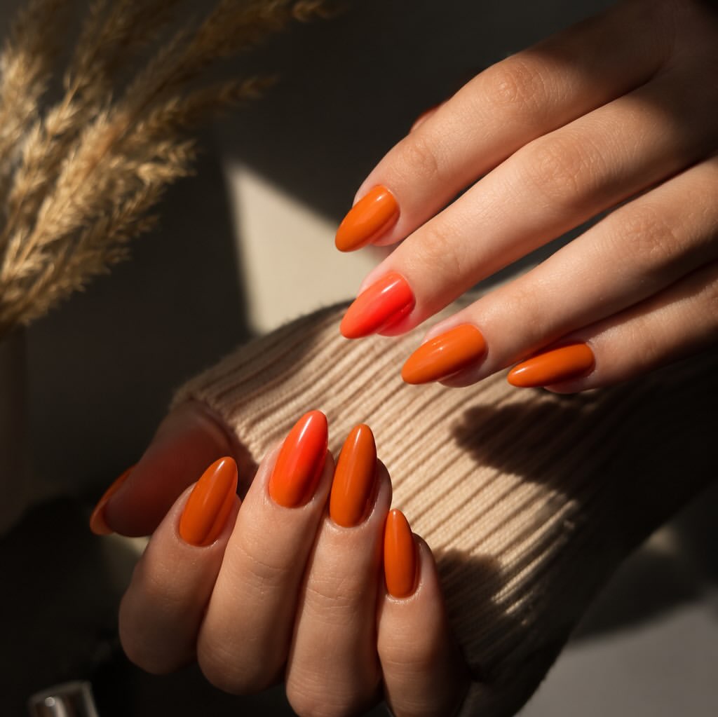 Vibrant Orange Ombre Almond Nails