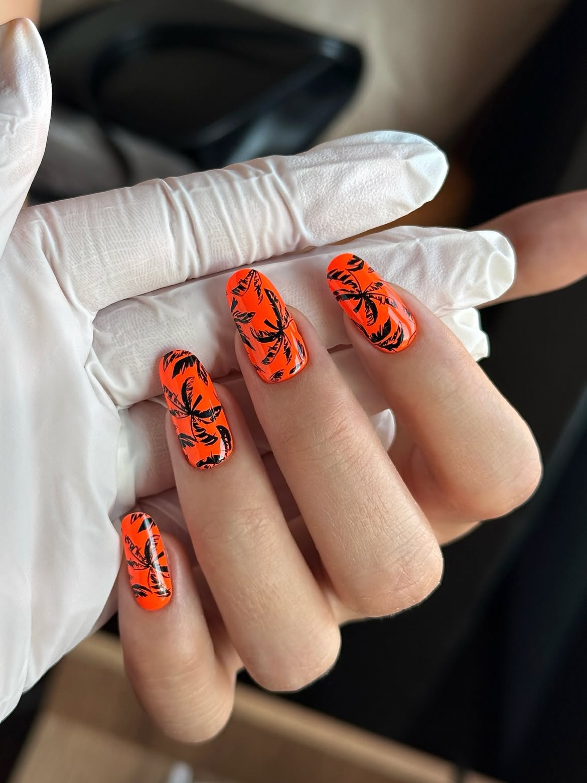 Vibrant Orange Palm Tree Summer Nails