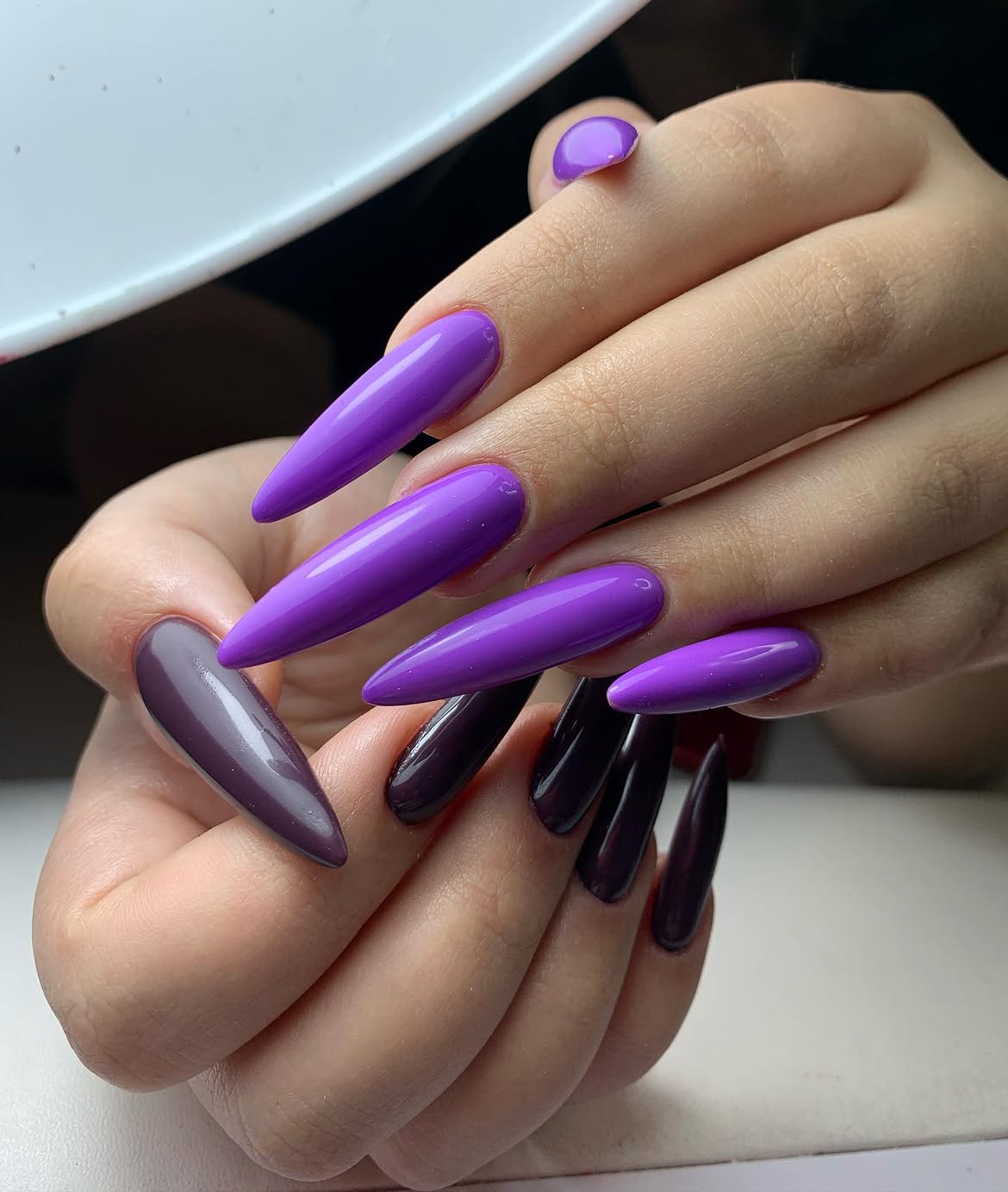 Vibrant Purple Stiletto Nails with Deep Plum Accents