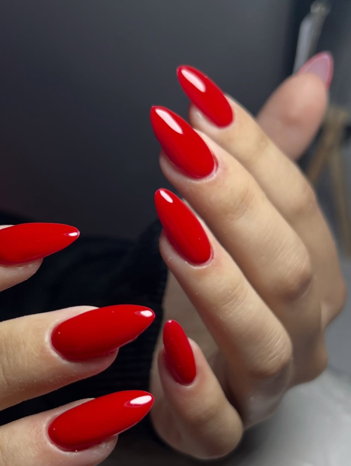 Vibrant Red Almond Glossy Manicure