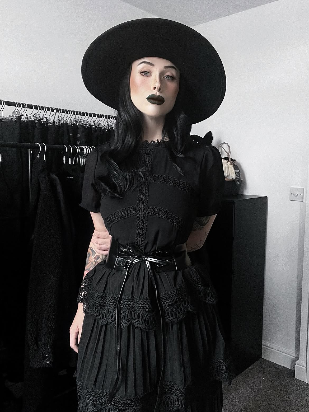 Victorian Gothic Lace Trimmed Black Midi Dress