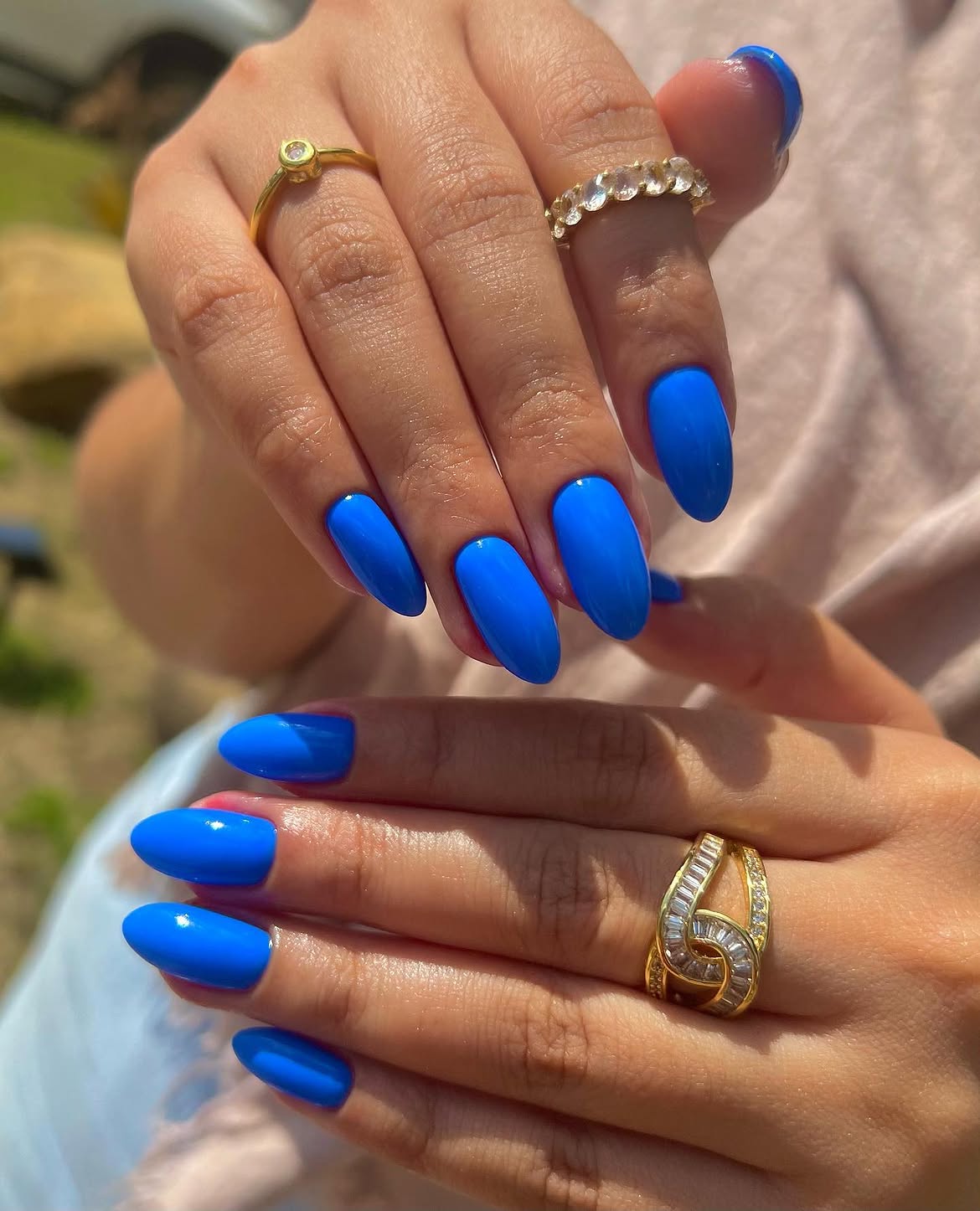 Vivid Electric Blue Almond Glossy Nails