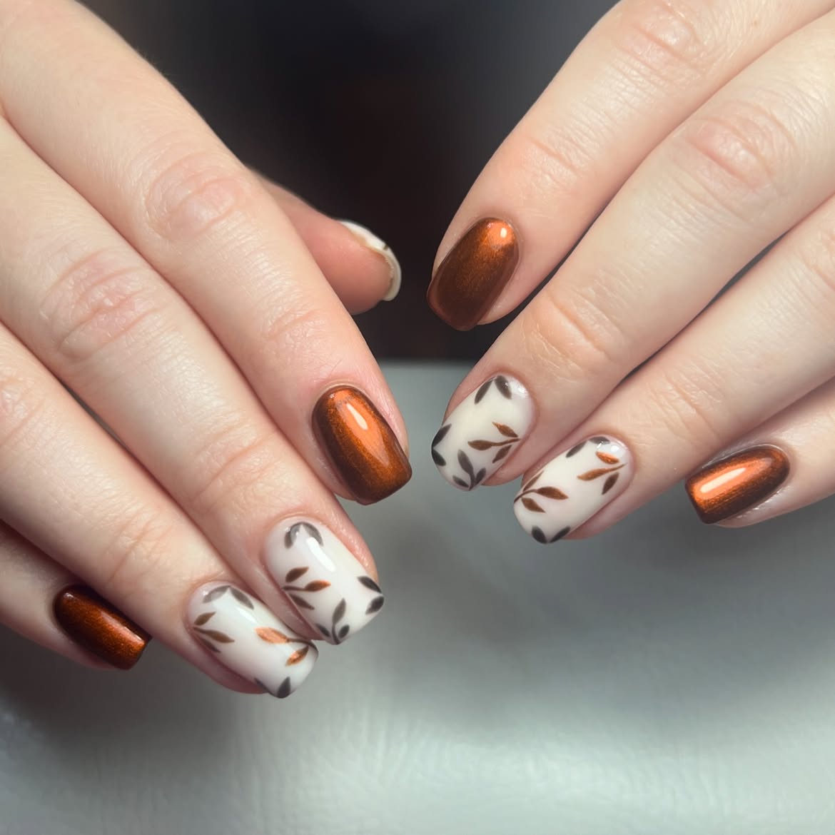 Warm Autumn Leafy Short Oval Nails